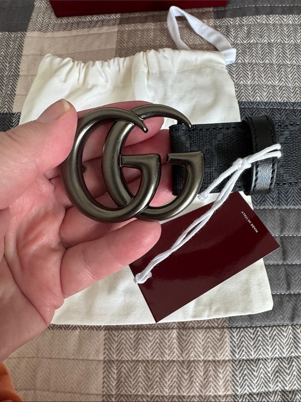 NWT Gucci Black GG Canvas Belt with Gunmetal Double G Buckle Sz 95